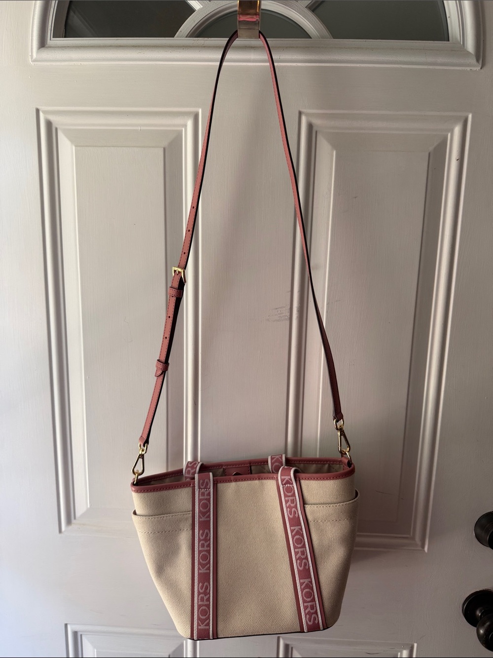 Michael Kors Cream Crossbody Tote with Pink Logo Trim